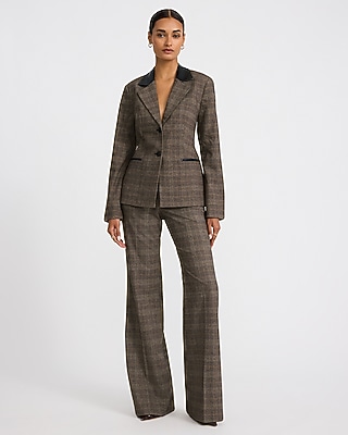 Plaid Faux Leather Collar Cinched Waist Blazer