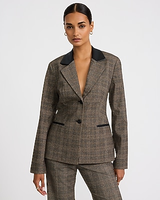 Plaid Faux Leather Collar Cinched Waist Blazer