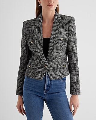 Tweed Novelty Button Cropped Cropped Business Blazer Black Women's XL