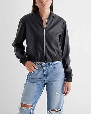 Faux Leather Cropped Bomber Jacket Black Women's S