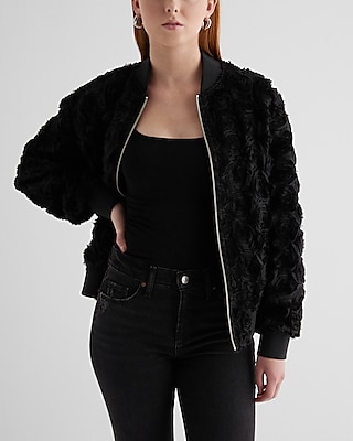 Textured Oversized Rosette Bomber Jacket