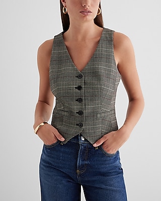 Editor Plaid Button Front Blazer Vest