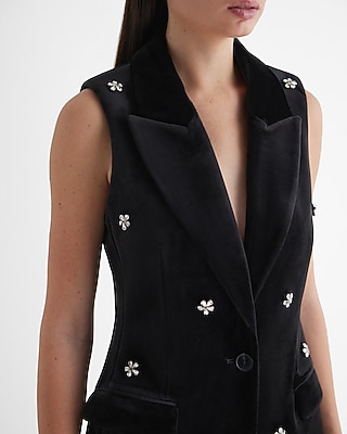 Velvet One Button Rhinestone Embellished Blazer Vest