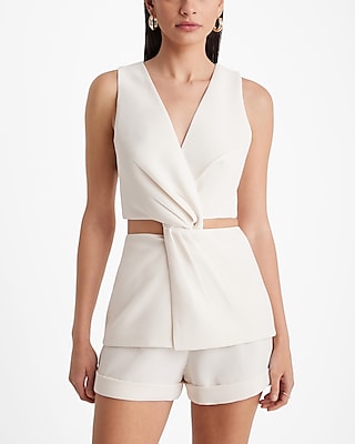 V-Neck Sleeveless Twist Front Cutout Cropped Business Blazer White Women's