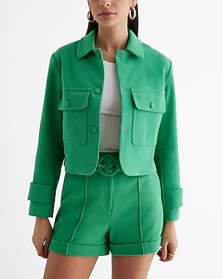 Collared Cropped Jacket Green Women's