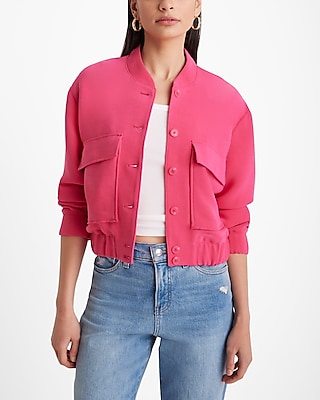 Luxe Comfort Patch Pocket Cropped Bomber Jacket Pink Women's XL