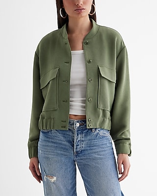 Luxe Comfort Patch Pocket Cropped Bomber Jacket Green Women's