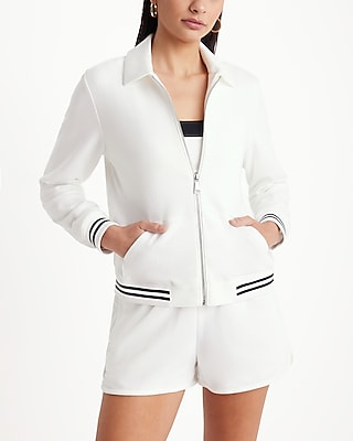 Luxe Comfort Striped Cuff Bomber Jacket White Women's