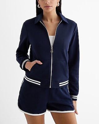 Luxe Comfort Striped Cuff Bomber Jacket Blue Women's