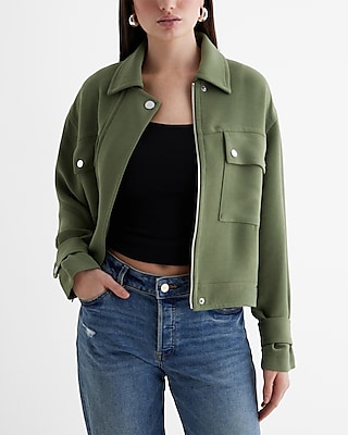 Oversized Cropped Moto Jacket Green Women's M