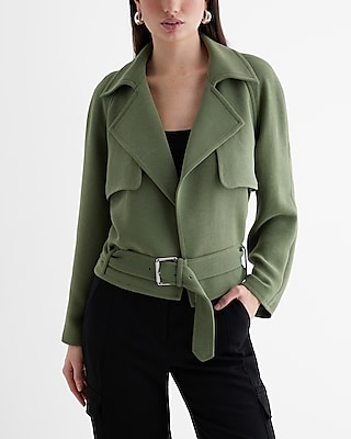 Belted Cropped Moto Jacket Green Women's L