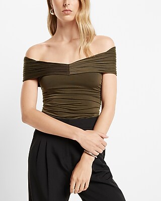 Bodycon Compression Silky Off The Shoulder Ruched Thong Bodysuit