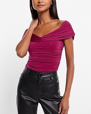 Bodycon Compression Silky Off The Shoulder Ruched Thong Bodysuit Purple Women's XS