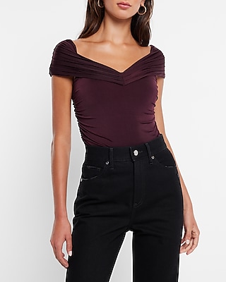 Bodycon Compression Silky Off The Shoulder Ruched Thong Bodysuit Purple Women's XL