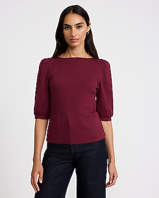 Ribbed Boat Neck Puff Sleeve Tee