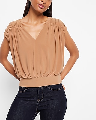 Polished Matte Jersey Ruched Banded Bottom Top Yellow Women's S