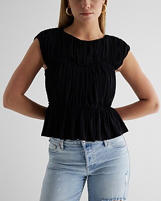 Crew Neck Ruched Peplum Top Black Women's S