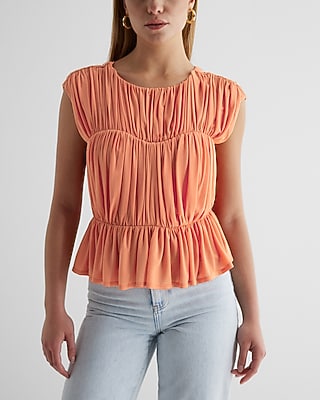 Crew Neck Ruched Peplum Top Orange Women's XS