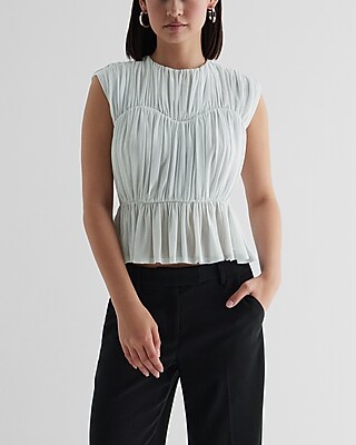 Crew Neck Ruched Peplum Top Gray Women's XS