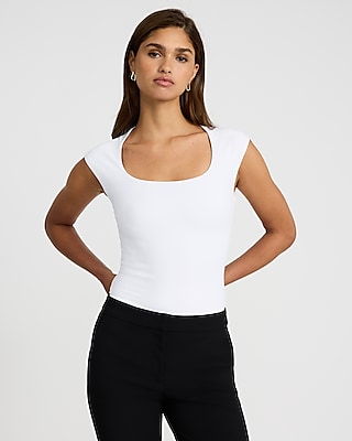 Bodycon High Compression Scoop Neck Cap Sleeve Bodysuit White Women's XS