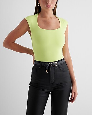 Bodycon High Compression Scoop Neck Cap Sleeve Bodysuit Yellow Women's S