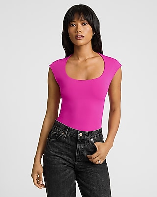 Bodycon High Compression Scoop Neck Cap Sleeve Bodysuit Pink Women's XS