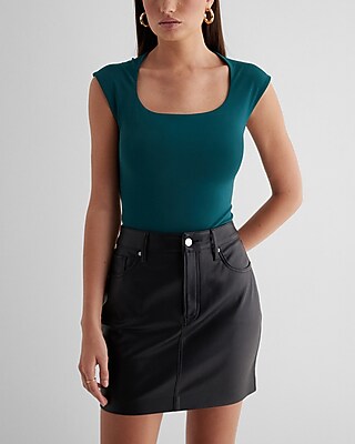 Bodycon High Compression Scoop Neck Cap Sleeve Bodysuit Green Women's XL