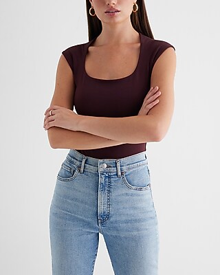 Bodycon High Compression Scoop Neck Cap Sleeve Bodysuit Red Women's XL