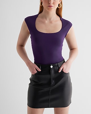Bodycon High Compression Scoop Neck Cap Sleeve Bodysuit Purple Women's S