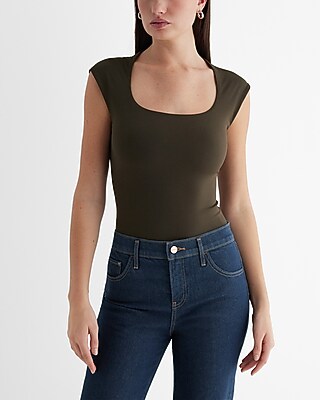 Bodycon High Compression Scoop Neck Cap Sleeve Bodysuit Green Women's S