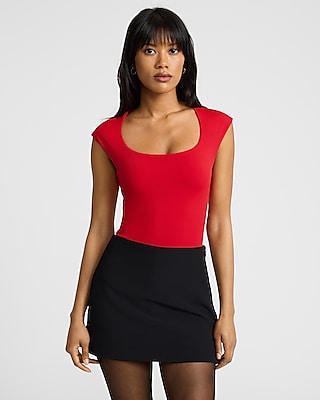 Bodycon High Compression Scoop Neck Cap Sleeve Bodysuit Red Women's XS