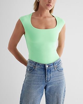 Bodycon High Compression Scoop Neck Cap Sleeve Bodysuit Green Women's S