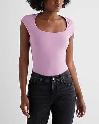 Bodycon High Compression Scoop Neck Cap Sleeve Bodysuit Purple Women's XL