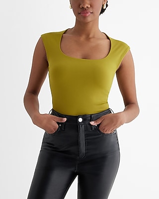 Bodycon High Compression Scoop Neck Cap Sleeve Bodysuit Green Women's L