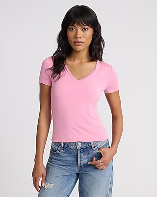 Express Women's Supersoft Fitted V-Neck Double Layer T-Shirt in Rose
