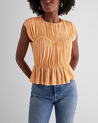 Foil Crew Neck Ruched Peplum Top Orange Women's S