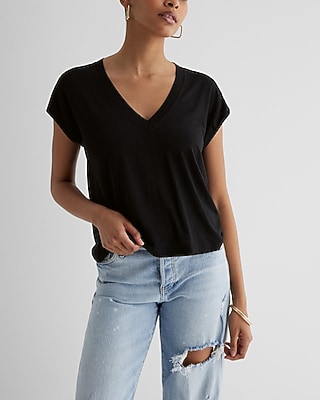 Supersoft Linen-Blend Skimming V-Neck Tee Black Women's S