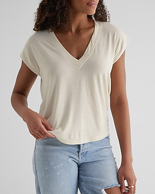 Supersoft Linen-Blend Skimming V-Neck Tee White Women's L