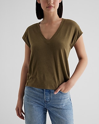 Supersoft Linen-Blend Skimming V-Neck Tee Green Women's S