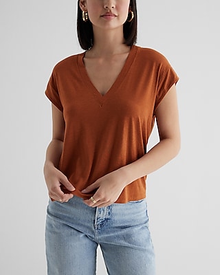 Supersoft Linen-Blend Skimming V-Neck Tee Brown Women's M