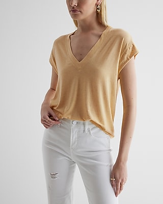 Supersoft Linen-Blend Skimming V-Neck Tee Yellow Women's XS