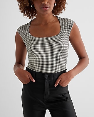 Bodycon High Compression Houndstooth Scoop Neck Cap Sleeve Bodysuit