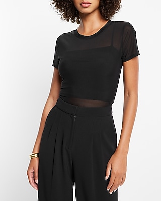 Fitted Crew Neck Mesh Crop Top