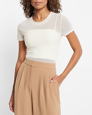 Fitted Crew Neck Mesh Crop Top White Women's S