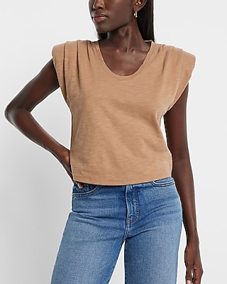 Scoop Neck Padded Shoulder Sleeveless Tee Brown Women's XS