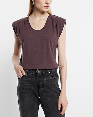 Scoop Neck Padded Shoulder Sleeveless Tee Purple Women's XS