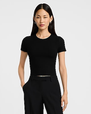 Fitted Ribbed Crew Neck Crop Top Black Women's M