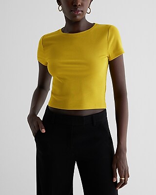 Fitted Ribbed Crew Neck Crop Top Yellow Women's XS