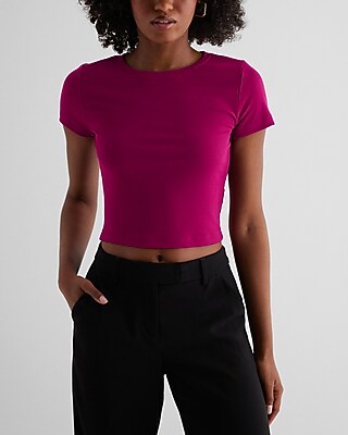 Fitted Ribbed Crew Neck Crop Top Pink Women's L