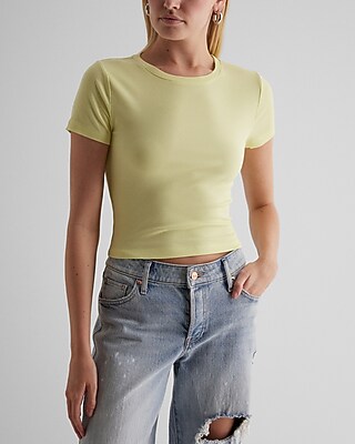 Fitted Ribbed Crew Neck Crop Top Yellow Women's XL